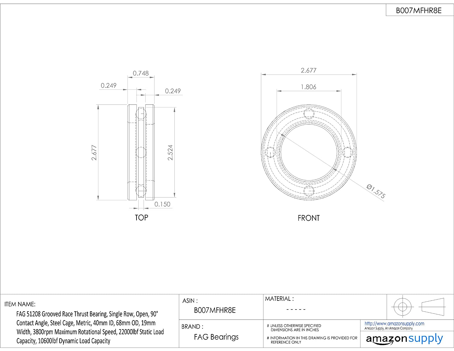  FAG 51208 Grooved Race Thrust Bearing